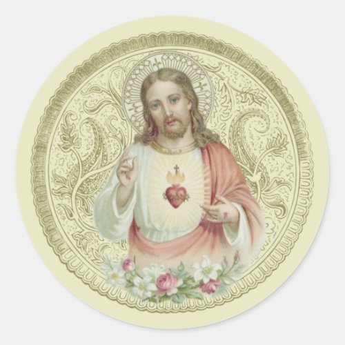 Catholic Religious Sacred Heart Floral Jesus Classic Round Sticker