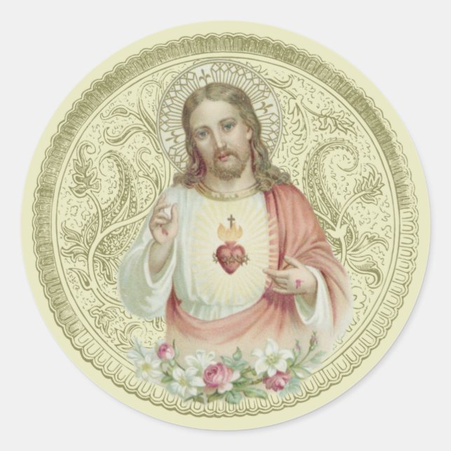 Catholic Religious Sacred Heart Floral Jesus Classic Round Sticker (Front)