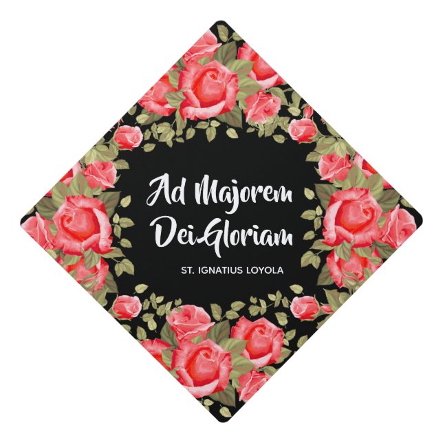 Catholic Religious St. Ignatius Floral Calligraphy Graduation Cap Topper (Front)
