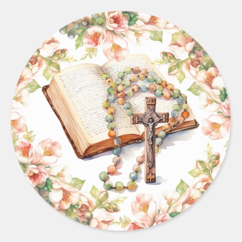 Catholic Rosary Floral Bible Religious Classic Round Sticker