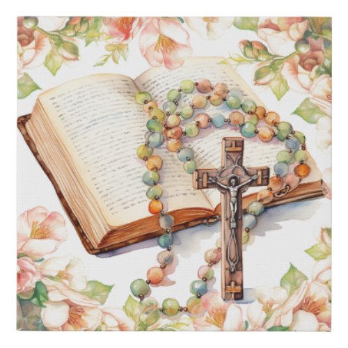 Catholic Rosary Floral Bible Religious Faux Canvas Print