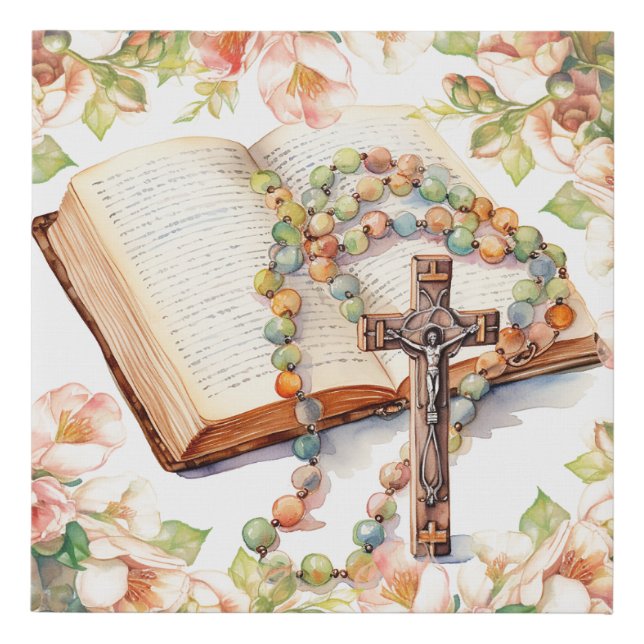 Catholic Rosary Floral Bible Religious Faux Canvas Print (Front)