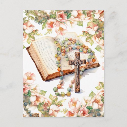 Catholic Rosary Floral Bible Religious Postcard