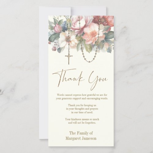 Catholic Rosary Floral Funeral Condolence Sympathy Thank You Card