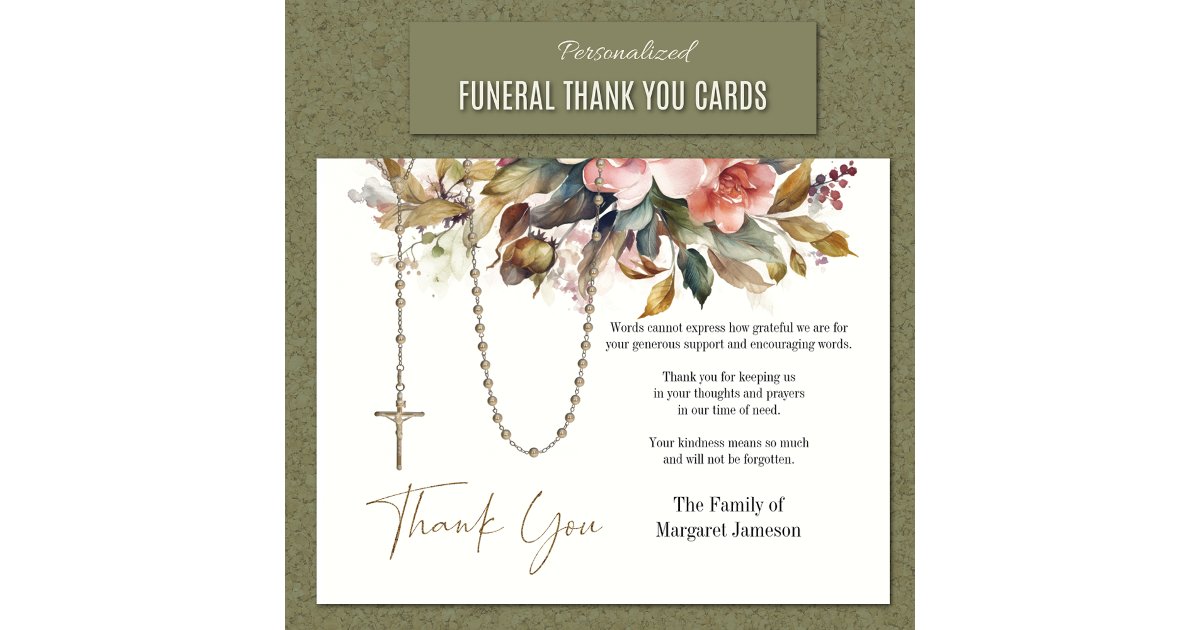 Catholic Rosary Floral Funeral Condolence Sympathy Thank You Card | Zazzle