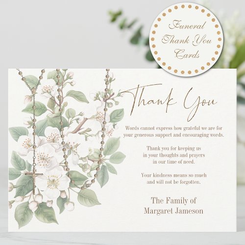 Catholic Rosary Floral Funeral Condolence Sympathy Thank You Card