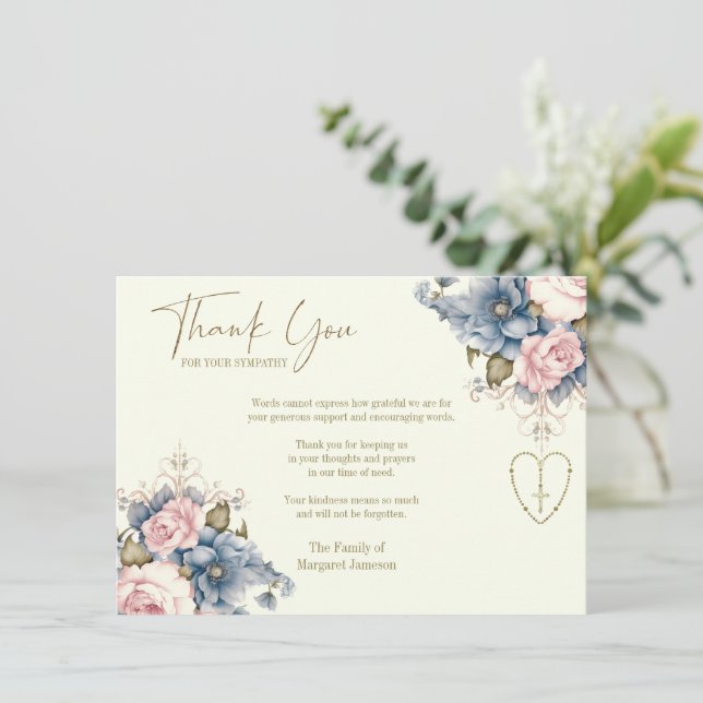 Catholic Rosary Floral Funeral Condolence Sympathy Thank You Card (Standing Front)