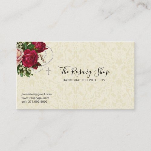 Catholic Rosary Pink Red Roses Ecru Lace  Business Card