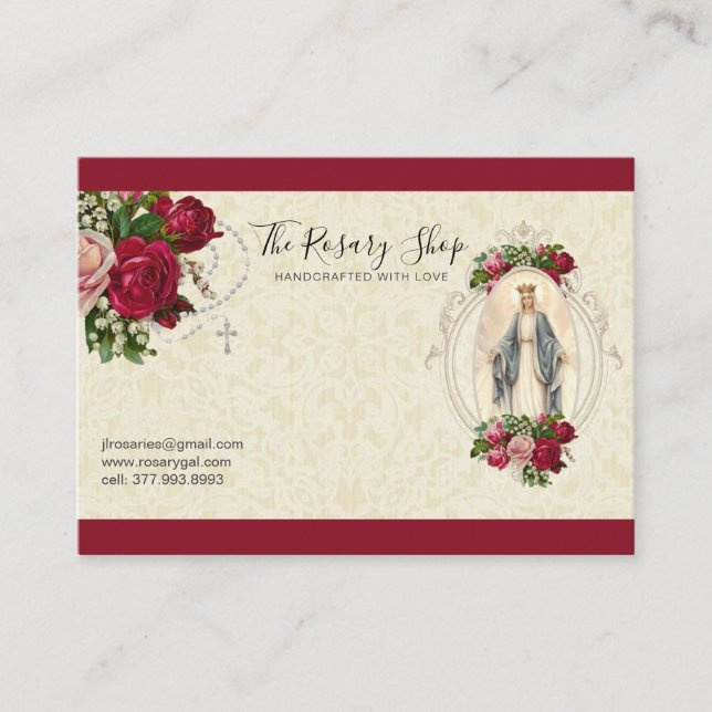 Catholic Rosary Pink Red Roses Virgin Mary  Busine Business Card (Front)