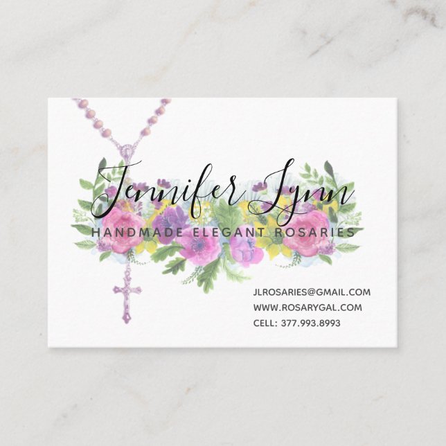 Catholic Rosary Pink Roses Religious Floral Business Card (Front)