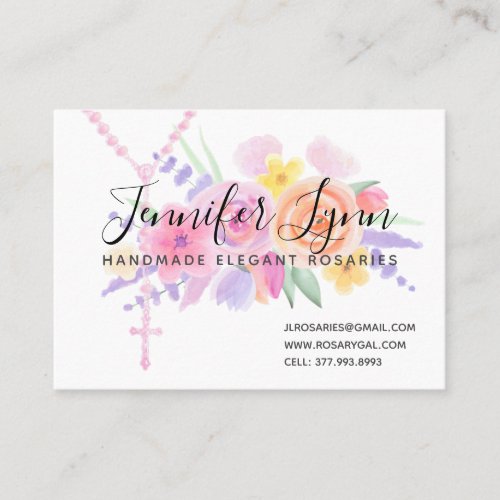 Catholic Rosary Watercolor Religious Floral Business Card