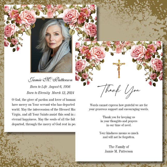 Catholic Roses Photo Funeral Condolence Sympathy Thank You Card (Creator Uploaded)
