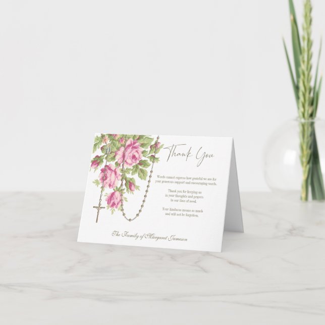 Catholic Roses Rosary Funeral Condolence Sympathy Thank You Card (Front)