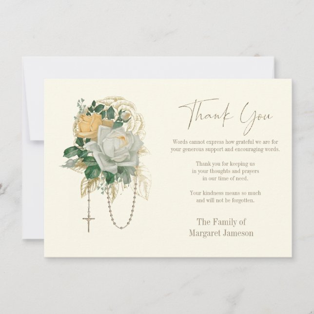 Catholic Roses Rosary Funeral Condolence Sympathy Thank You Card (Front)