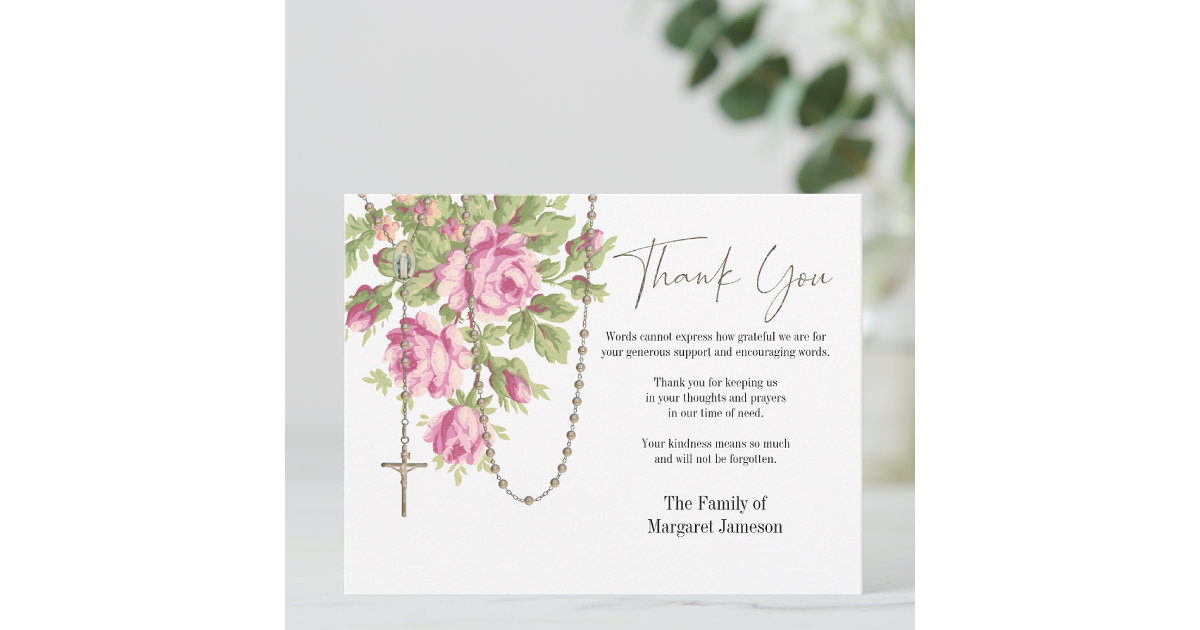 Catholic Roses Rosary Funeral Condolence Sympathy Thank You Card Zazzle