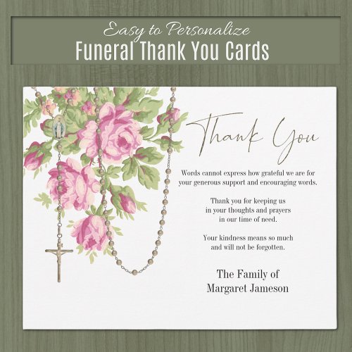 Catholic Roses Rosary Funeral Condolence Sympathy Thank You Card
