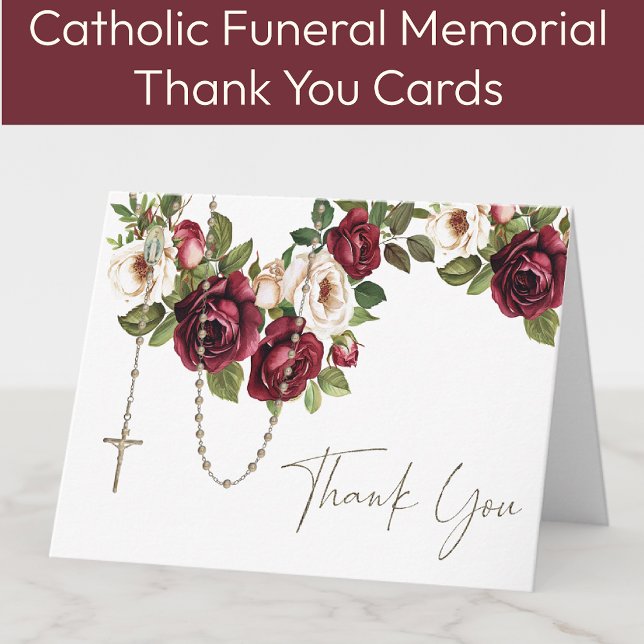 Catholic Roses Rosary Funeral Condolence Sympathy Thank You Card (Creator Uploaded)