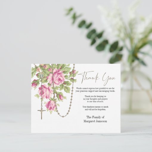 Catholic Roses Rosary Funeral Condolence Sympathy Thank You Card Zazzle