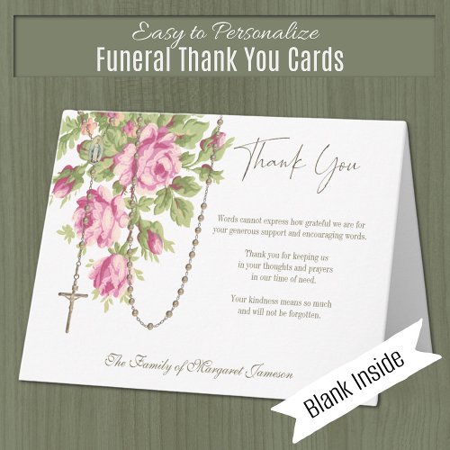 Catholic Roses Rosary Funeral Memorial Sympathy Thank You Card