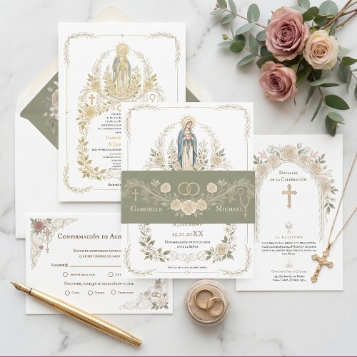 Catholic Roses Wedding Rings Rosary Sage Green  Invitation Belly Band