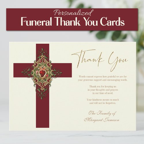 Catholic Sacred Heart Cross Funeral Memorial  Thank You Card