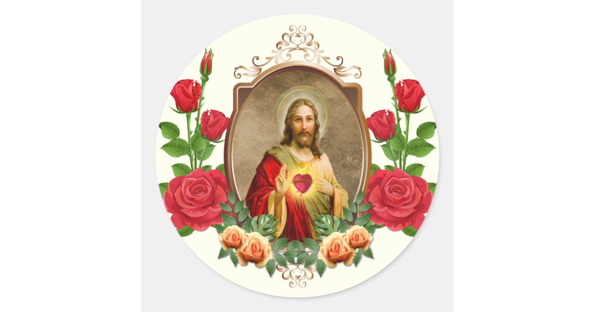 Catholic Sacred Heart Jesus Roses Elegant Classic Round Sticker | Zazzle