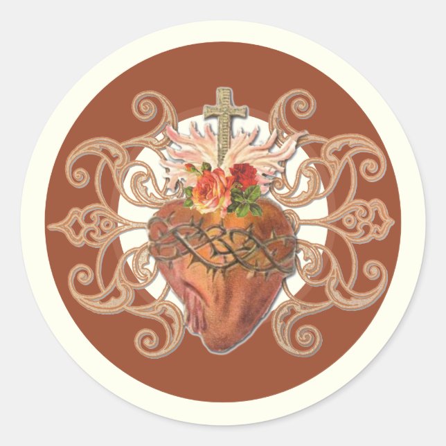 Catholic Sacred Heart Jesus Roses Elegant Classic Round Sticker (Front)