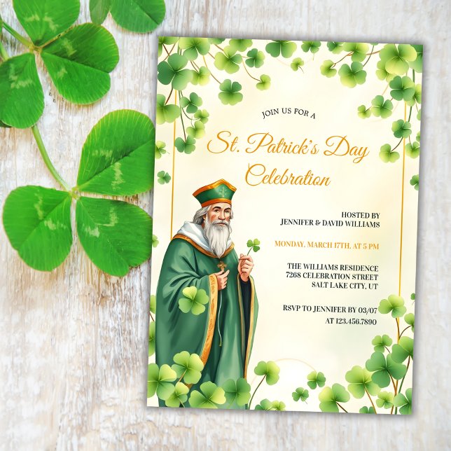 Catholic Saint and Shamrocks St Patricks Day Invitation (Religious St. Patrick's Day Invitation – Catholic Celebration with Saint and Shamrocks)