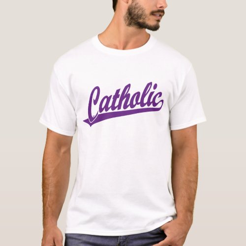Catholic script logo in purple T_Shirt