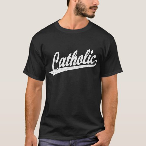 Catholic script logo  in white distressed T_Shirt