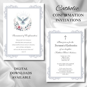 Catholic Silver Confirmation Dove Pink Roses Invitation