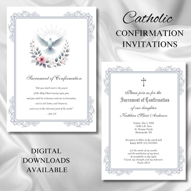  Catholic Silver Confirmation Dove Pink Roses Invitation (Creator Uploaded)