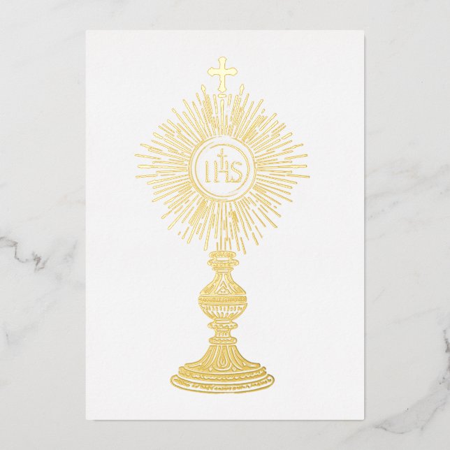 catholic small 5" x 7" Eucharist monstrance  Foil Invitation (Front)