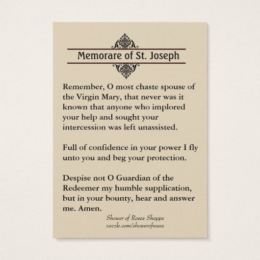Catholic St. Joseph Memorare Prayer Holy Cards (Back)