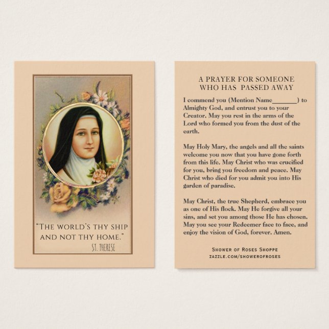 Catholic St. Therese Sympathy Prayer Holy Card (Front & Back)