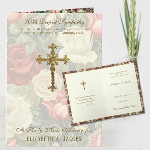 Catholic Sympathy Mass Offering Crucifix Roses Card