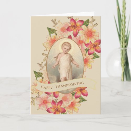 Catholic Thanksgiving Autumn Floral Child Jesus Holiday Card