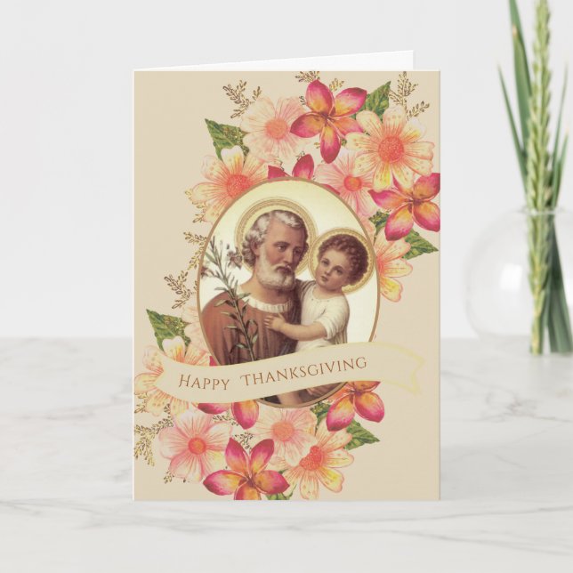 Catholic Thanksgiving Autumn St. Joseph Jesus Holiday Card (Front)