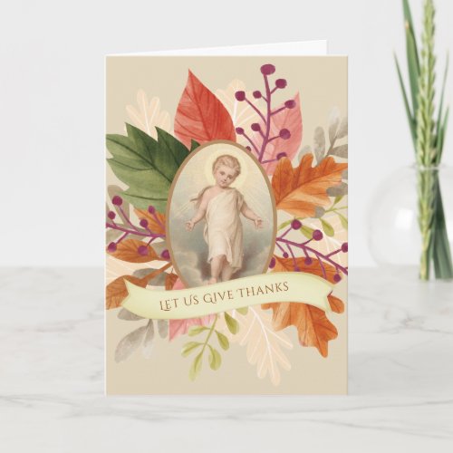 Catholic Thanksgiving  Child Jesus Autumn Leaves Holiday Card