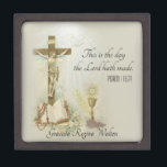 Catholic Traditional Profession of Faith Communion Jewelry Box<br><div class="desc">This personalized traditional Catholic keepsake jewelry box has a beautiful image of the Holy Ghost,  Crucified Lord,  and Eucharist. This may be easily customized with the celebrant's name. It would be a perfect keepsake to store all the small gifts and mementos of that special occasion.</div>
