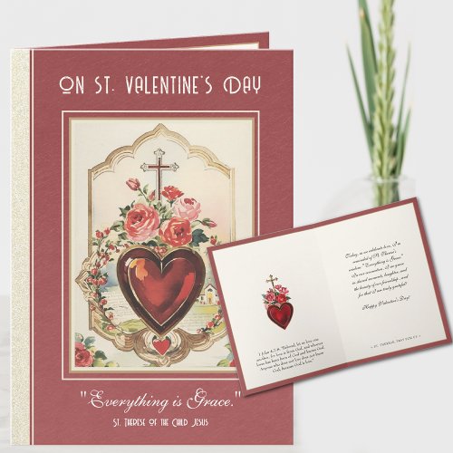 Catholic Valentine Roses St Therese Heart Cross Card