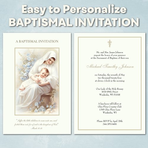 Catholic Vintage Baby Baptism Christening Floral Invitation