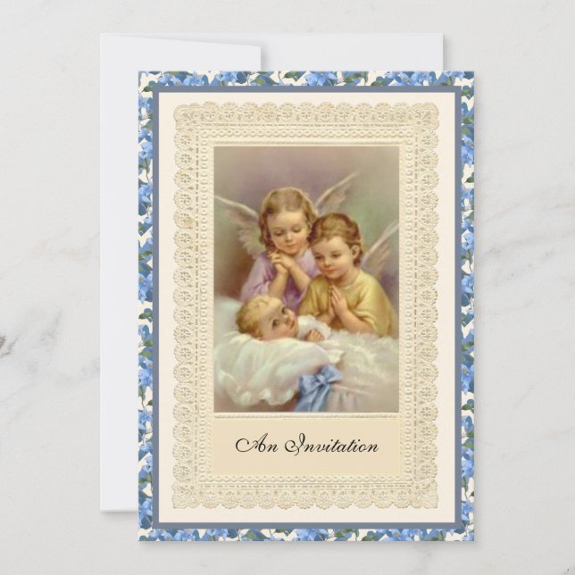 Catholic Vintage Boy Baptism Christening Angels In Invitation (Front)