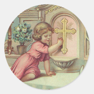 Catholic Vintage Child at Tabernacle Altar Classic Round Sticker