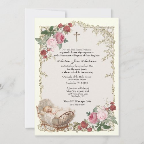 Catholic Vintage Girl Baptism Christening Angels  Invitation