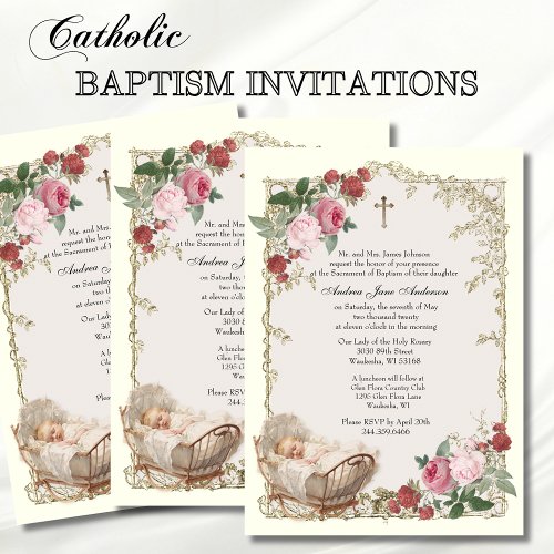 Catholic Vintage Girl Baptism Christening Angels  Invitation