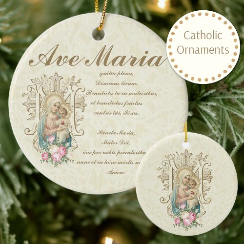 Catholic Virgin Mary Ave Maria Baby Jesus Floral Ceramic Ornament