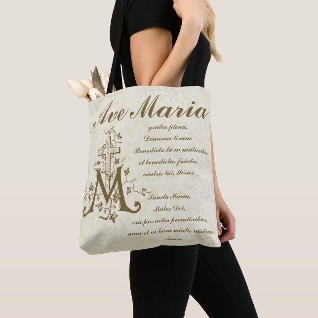 Catholic Virgin Mary Ave Maria in Latin Tote Bag (Close Up)