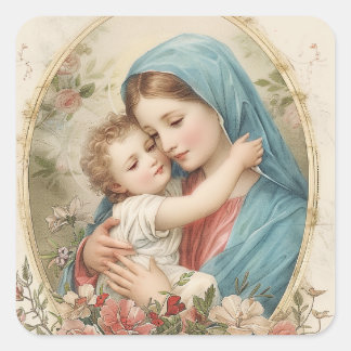 Catholic Virgin Mary Baby Jesus Floral Square Sticker
