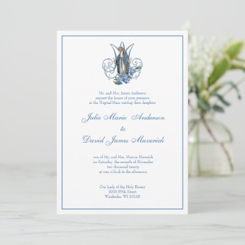 Catholic Virgin Mary Blue Floral Wedding Invitation